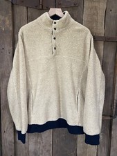 J Crew Sherpa Beige w/Navy Trimmed Mens Fleece Pullover Size Large