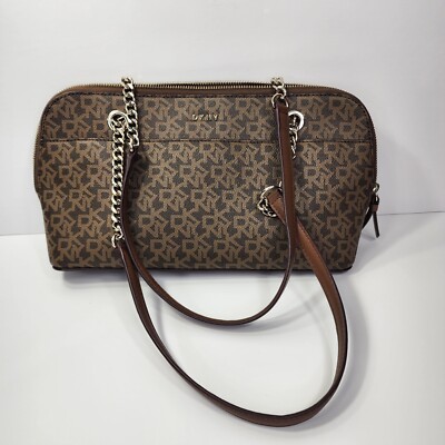 DKNY Womens Brown Monogram Leather Madison Chain Handle Medium 
