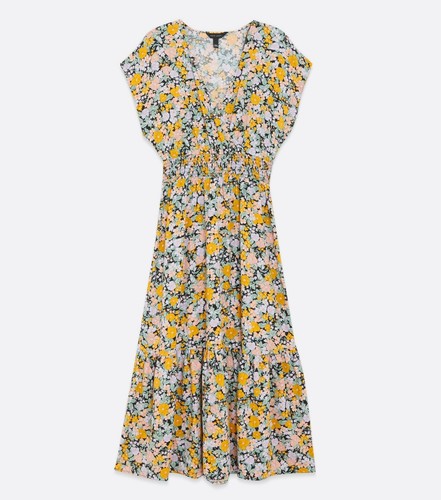 Abito midi scollo a V a strati floreale nero New Look taglia 10 38 vintage - Foto 3 di 5