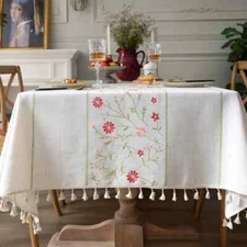Cotton Linen Embroidery Tassel Tablecloths Dust Proof Table Cover Tabletop Decor