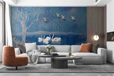 3D Relief Blue Lake Swan Tree Wall Murals Wallpaper Murals Wall Sticker Wall 1