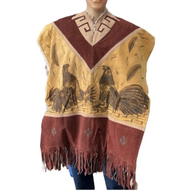 Poncho Genuine Leather/ Gaban Artesanal Horse/ Virgen Mary/Aztec 