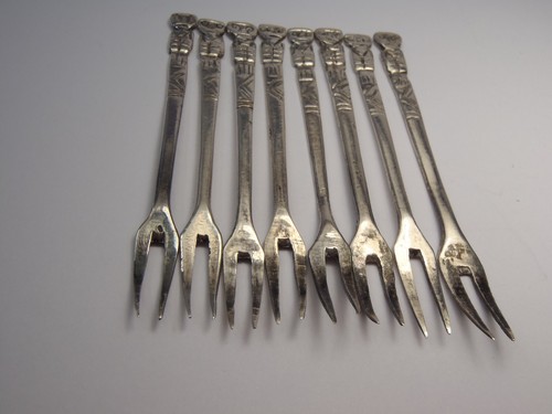 SELTEN ANTIK 925 Mexikanische Silber Oliven Plektren/Cocktail Gabeln Set 8 Figuren/Maya? - Bild 4 von 22