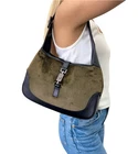 GUCCI Vintage Jackie Velour Shoulder Bag Handbag Green Black Leather 901870