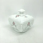 Vintage Westmoreland Wedding Box Beaded Grape Milk Glass Roses Footed with Lid