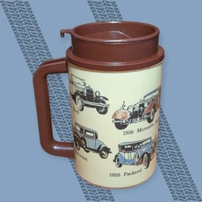 WHIRLEY Classic Cars 22 oz Thermo HOT COLD Coffee Drink Mug Brown Cup With Lid