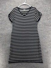 T By Talbots Dress Womens M Black T-Shirt Dress V-Neck Striped Knee Length