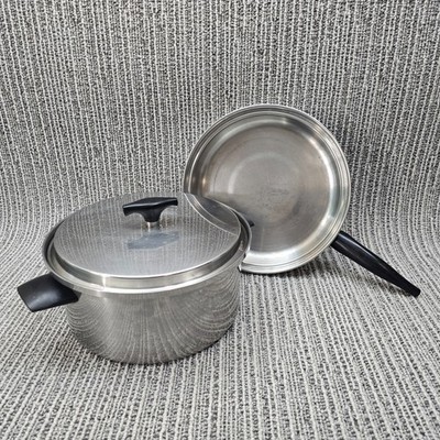Vtg KITCHEN CRAFT 18-8 3 Ply Stainless Steel Stock Pot and Skillet w/ Lid - USA