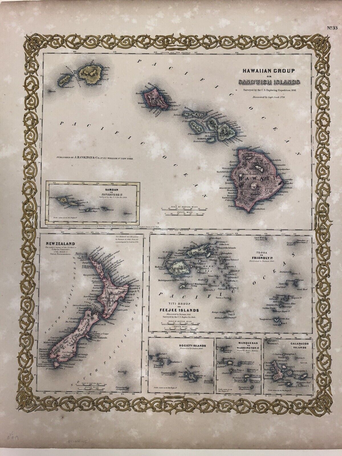 Original Antique Hand Colored J. H. Colton Pacific Island Map 1841. 