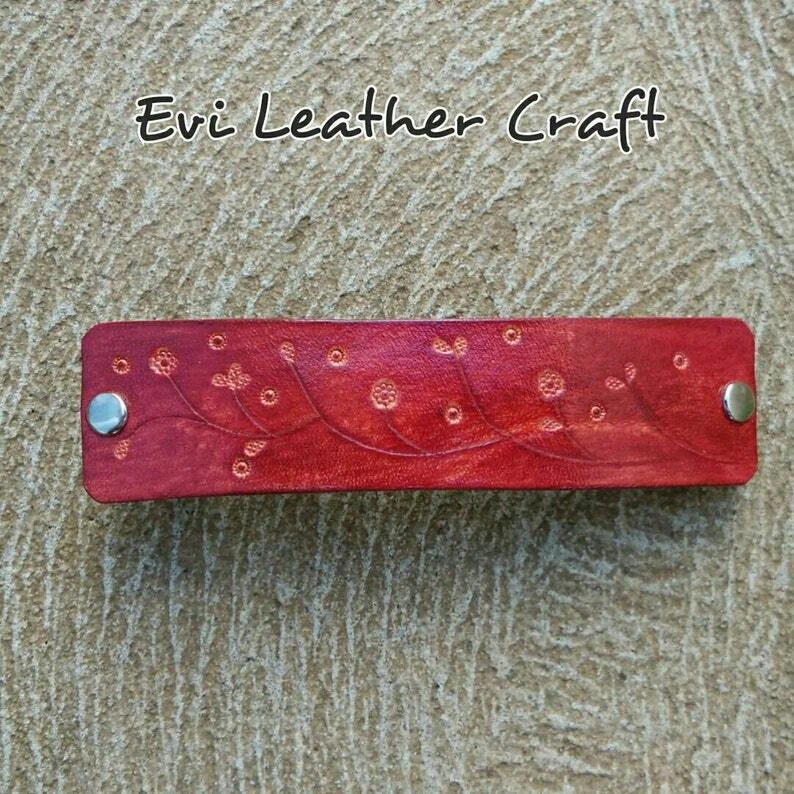Extra larger red leather hair clip, French hair barrette, flowers - Image 2 of 4