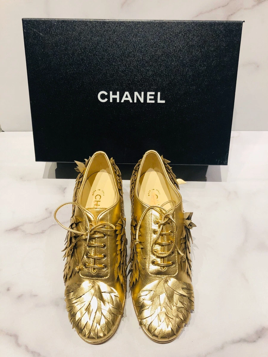 CHANEL CC Cruise 2018 Gold Leather Women’s Lace Up Oxfords Shoes