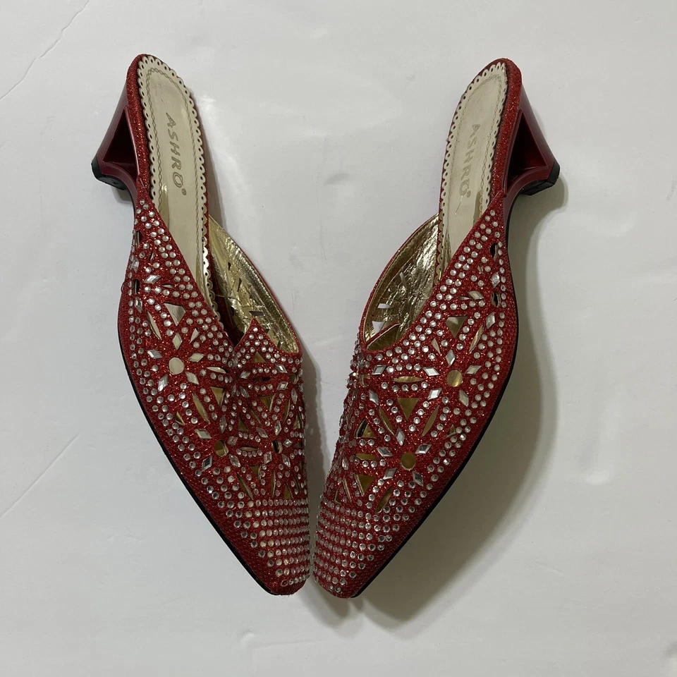 Ashro Vintage Rojo Mujer Sandalias Tacón Con Piedras Talla 9.5 Fiesta Cóctel Foto 2 de 4