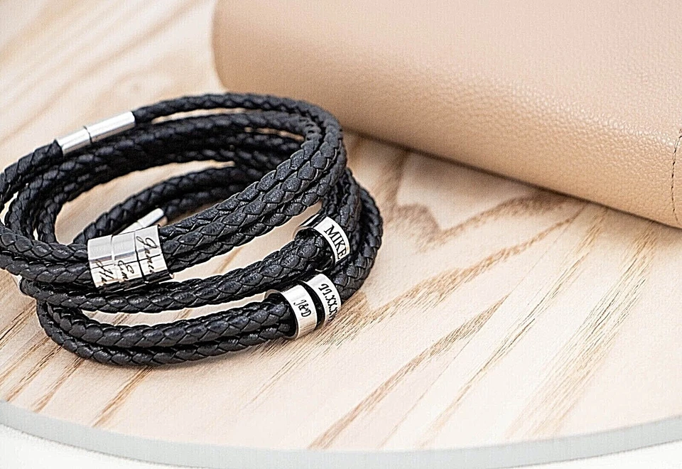 Pulsera de cuero trenzado para hombre, regalo del día del padre, pulsera de apellido Foto 2 de 4