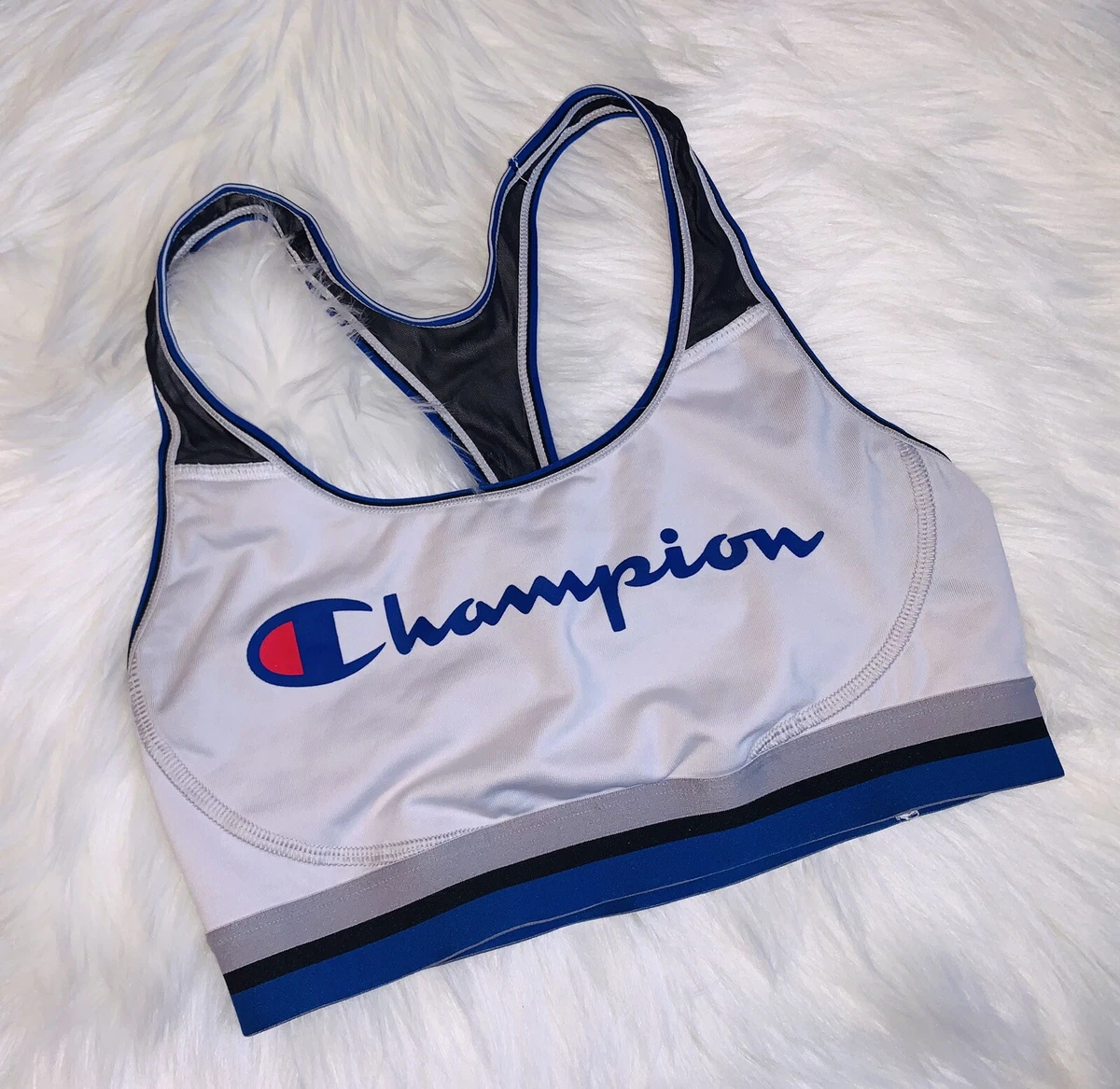 Champion Sports Bra Womens Medium Large ? White Blue Black Spell Out Wide  Band