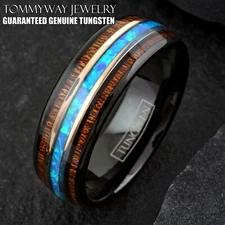 8mm Black Tungsten Koa Wood w/ Hawaiian Blue Opal Stripe Men's Wedding Band Ring