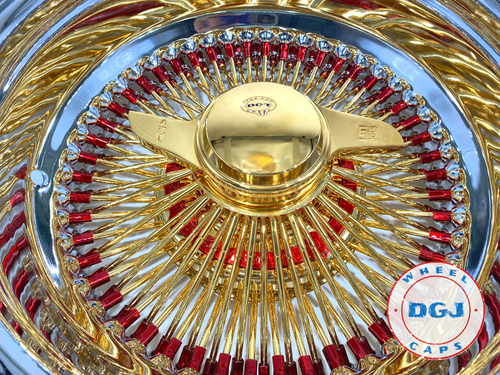DGJ WHEELS 13x7 Rev 100 Spokes Candy Red & Gold Lowrider Wire Wheel ...