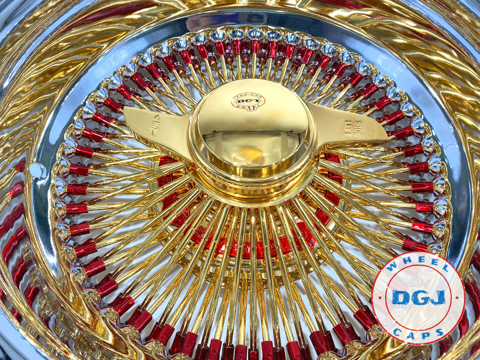 DGJ WHEELS 13x7 Rev 100 Spokes Candy Red & Gold Lowrider Wire Wheel ...
