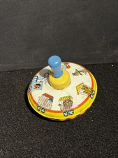 Vintage Ohio Art Spinning Top Toy, Litho Tin Circus Animal Train, Wooden Knob