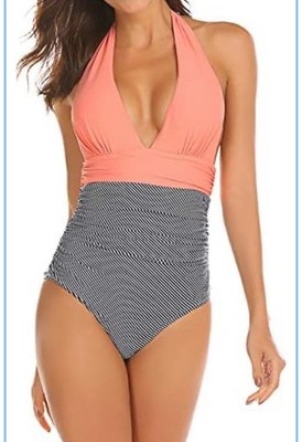 Cupshe Women s Halter Coral & Stripe Tummy Control Swimsuit - Size Large - NWT