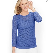 Talbots Plus 3X Sweater Pointelle Cotton Linen Open Knit Periwinkle