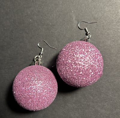 Funky Glitter Pink Ornament Earrings Christmas Holiday Winter Party Shimmer