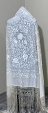 Ivory Silk Piano Shawl, Hand Embroidered Floral Vintage Decor 125x130cm Sale