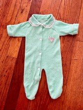 Vintage 70s Mint Green Terry Cloth Footed Sleeper Lace Collar "I Love U" Newborn