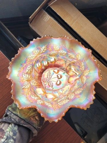 Very Pretty Marigold Northwood Carnival Glass Three Fruits Bowl