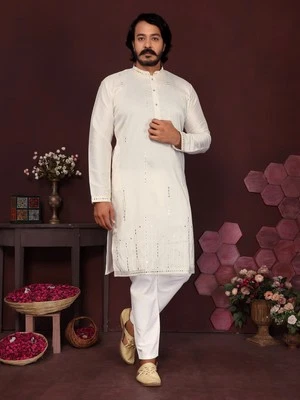 Bridal Gallery Ensemble Kurta Pajama Prêt-À-Porter Soie & Coton Blanc Homme - Photo 1/4