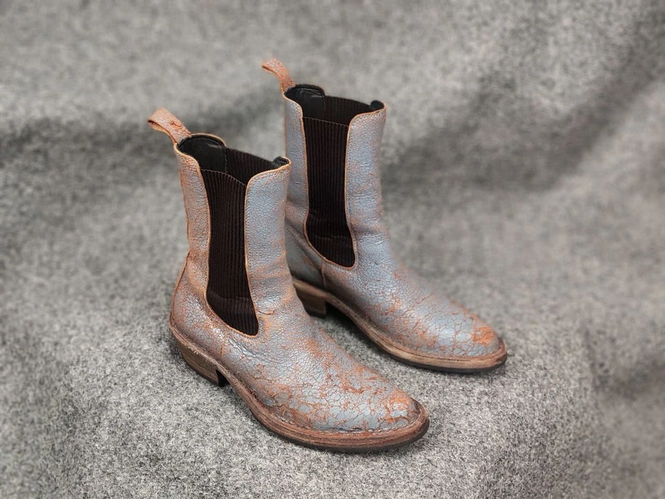 Moma Italia Diseño Azul Craquelado Cuero Occidental Envejecido Pull On Botas Foto 2 de 4