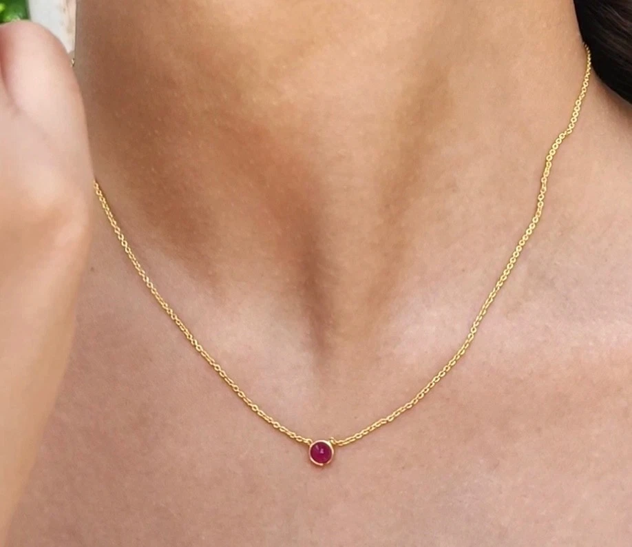 Natural Ruby Round Pendant 14k Yellow Gold Bezel Set Minimalist Fancy Necklace - Image 3 of 4