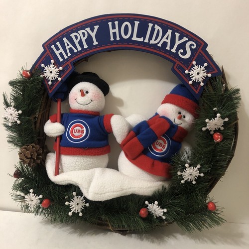 Hallmark Chicago Cubs 20 Inch Christmas Wreath with 2 Snowmen Happy Holidays