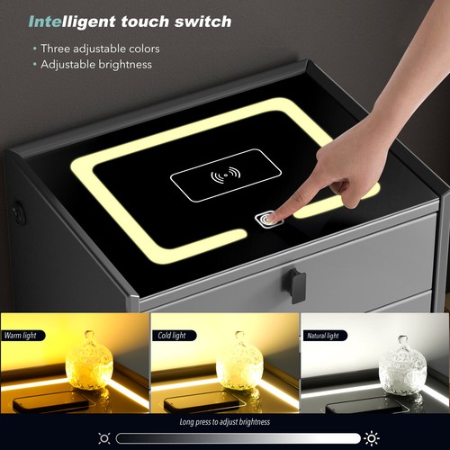 LED Bedside Table Wireless Charging Side Cabinet Nightstand with 3 Drawers Gray - Picture 8 of 15