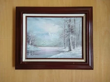 Vintage Paul Weston Oil On Canvas Painting-Winter Moonlit Mountain River, Signed