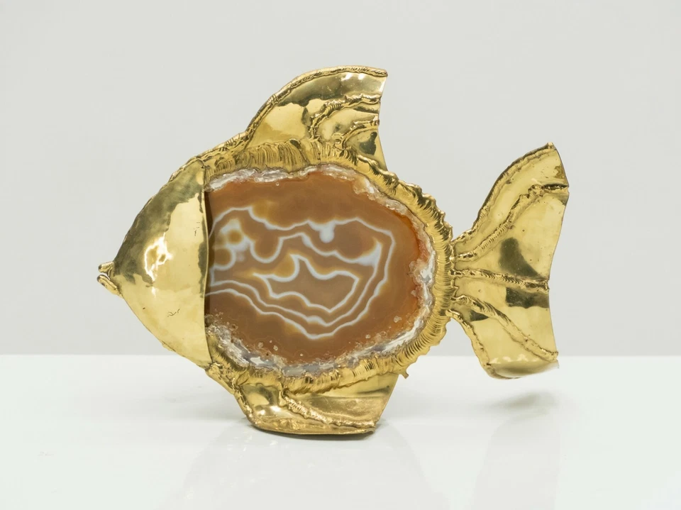 Unique Jacques Duval Brasseur brass agate stone lamp 1970s - Image 3 of 4