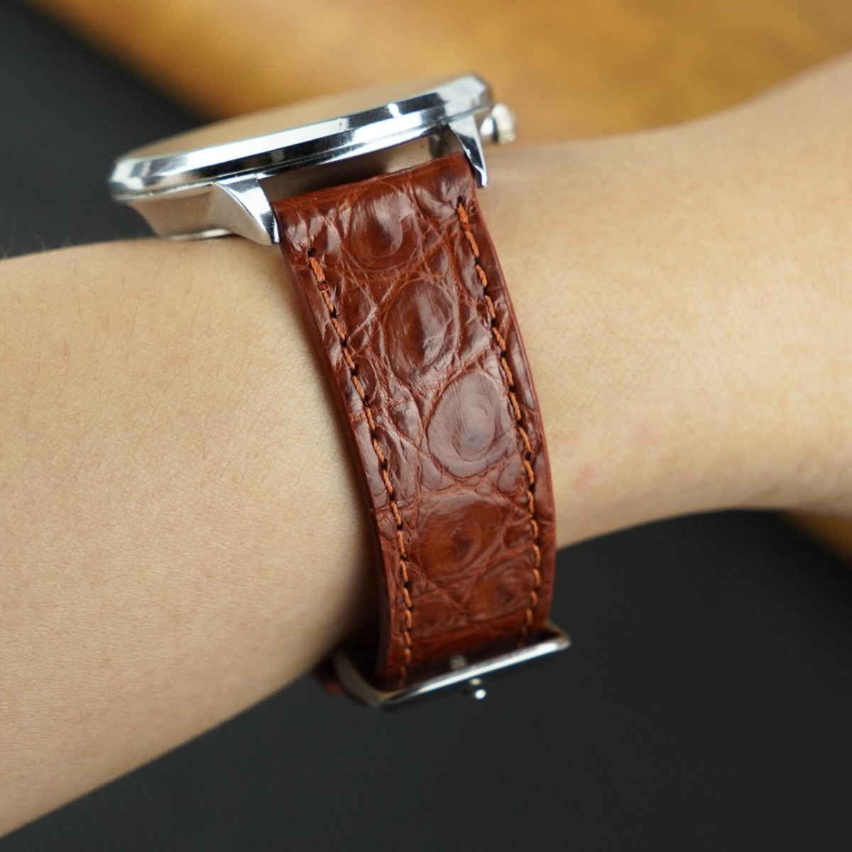 18mm Men Brown Leather Watch Band Flat Crocodile Real Watch Strap