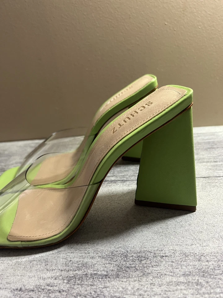 Sandalia Schutz Lizah Vinilo Verde Lima Talla 9.5B Cuero Mula Transparente Superior Foto 2 de 4