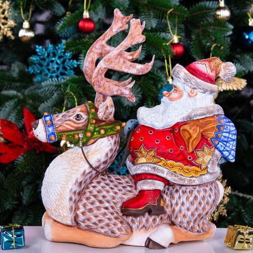 Wooden Carved Santa Figurine riding a Reindeer 12", Christmas home decoration - Picture 2 of 13