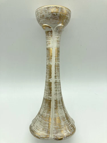 Vintage 9.5” Royal Haeger Candlestick 22K Gold Tweed on White Glaze Ceramic MCM