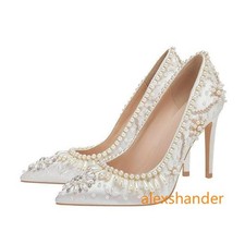 Womens White Pointed Toe Stiletto High Heel Pearl Rhinestone Wedding ShoePump