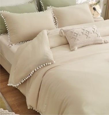 WONGS BETTWÄSCHE King Size Bettbezug Sets Beige und Weiß Quasten Bommel Bettwäsche