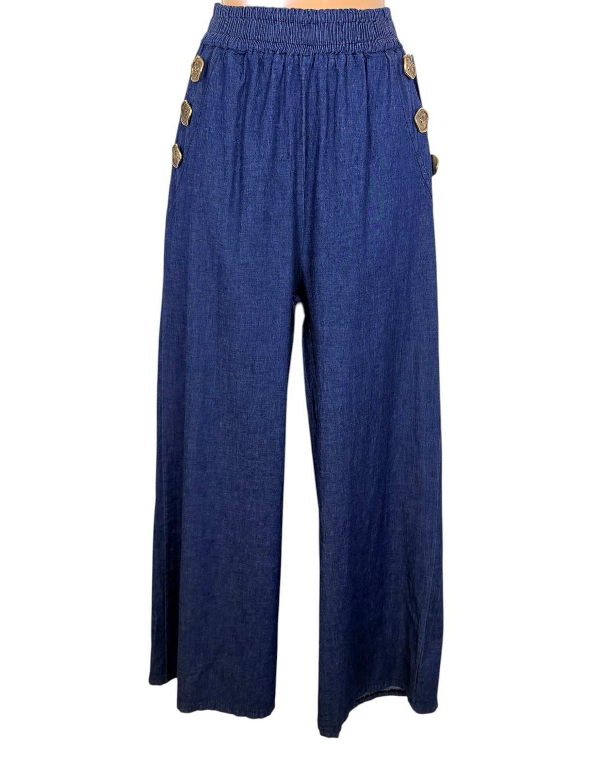 Ladies Wide Leg Trousers Denim Look  Elastic Waist Gold Buttons Cotton Italian