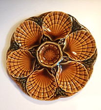Vtg Sarreguemines France Brown Ceramic Oyster Plate Scallop Shell Serving Dish