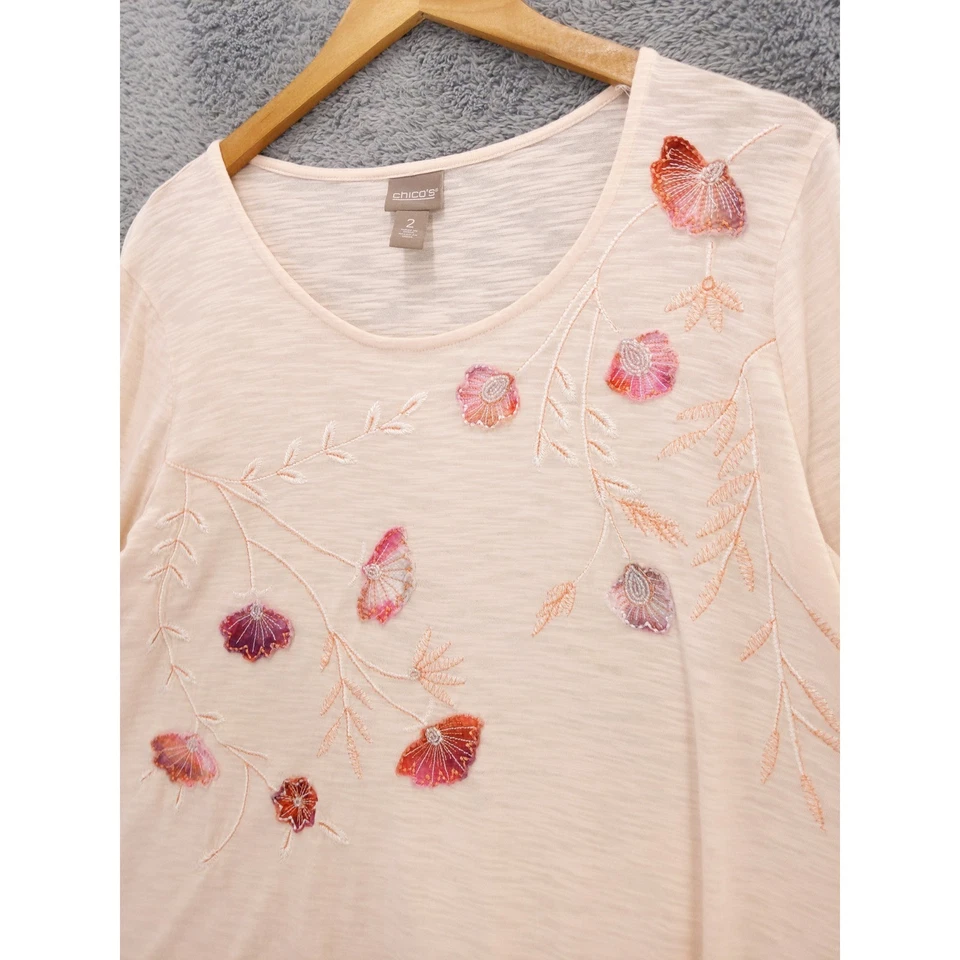 Chico's Pink Embroidered Floral Sleeve Top Women's Size 2 L Slub Jersey Knit - Image 2 of 4