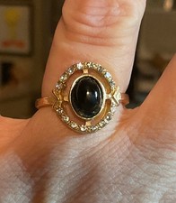 Halo 14K Yellow Gold Natural Black Onyx Oval Cut Ring Size 7 3/4, PRETTY CZ, HTF