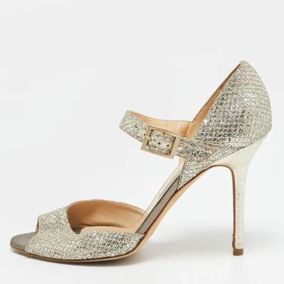 Escarpins à bride cheville bout ouvert et paillettes dorées Jimmy Choo taille... - Photo 1/4