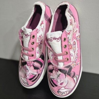 Vintage Ed Hardy Geisha Pink Canvas Sneakers Y2K Tattoo Shoes