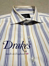 Drake  s London Alternate Stripe Shirt Blue Yellow Wide Spread Collar England