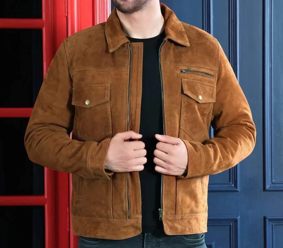 Brown Suede Leather Jacket for Men Cafe Racer Size XS S M L XL XXL Custom Made