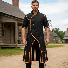 Medeival Gambeson Long Black with Brown Leather Trim for medieval Event